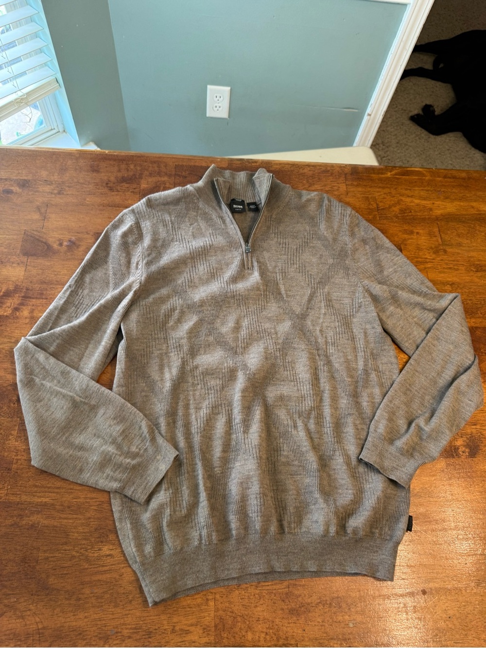 Hugo Boss Slim Fit Half Zip Merino Wool Sweater Mens Brown Textured Pattern XL